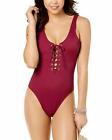 California Waves Junior Wine Red Lace-Up Cheeky One-Piece Swimsuit, S  9040-9