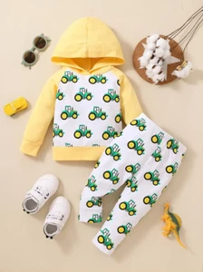 New! Youth boy's Yellow & white TRACTOR PRINT HOODED SHIRT & PANTS SET 4 SIZES! - Picture 1 of 7