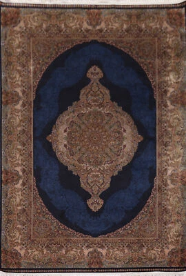 Alfombra de dormitorio tradicional turca floral azul marino 90 % seda alfombra de área 5'x8' Foto 1 de 4