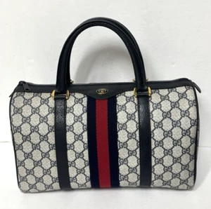 Authentic Vintage Gucci GG Supreme Sherry Line Boston Bag PVC Navy Red Medium - Picture 1 of 17