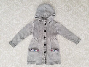 Hanna Andersson 100 4 Gray Knit Hooded Cardigan Sweater Embroidered Flower - Picture 1 of 4