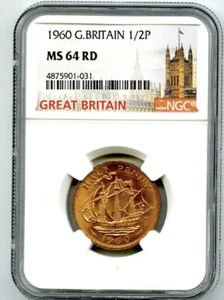 1960 GREAT BRITAIN 1/2 P HALF PENNY NGC MS64 RD GOLDEN HIND DESIGN HALFPENNY - Picture 1 of 2