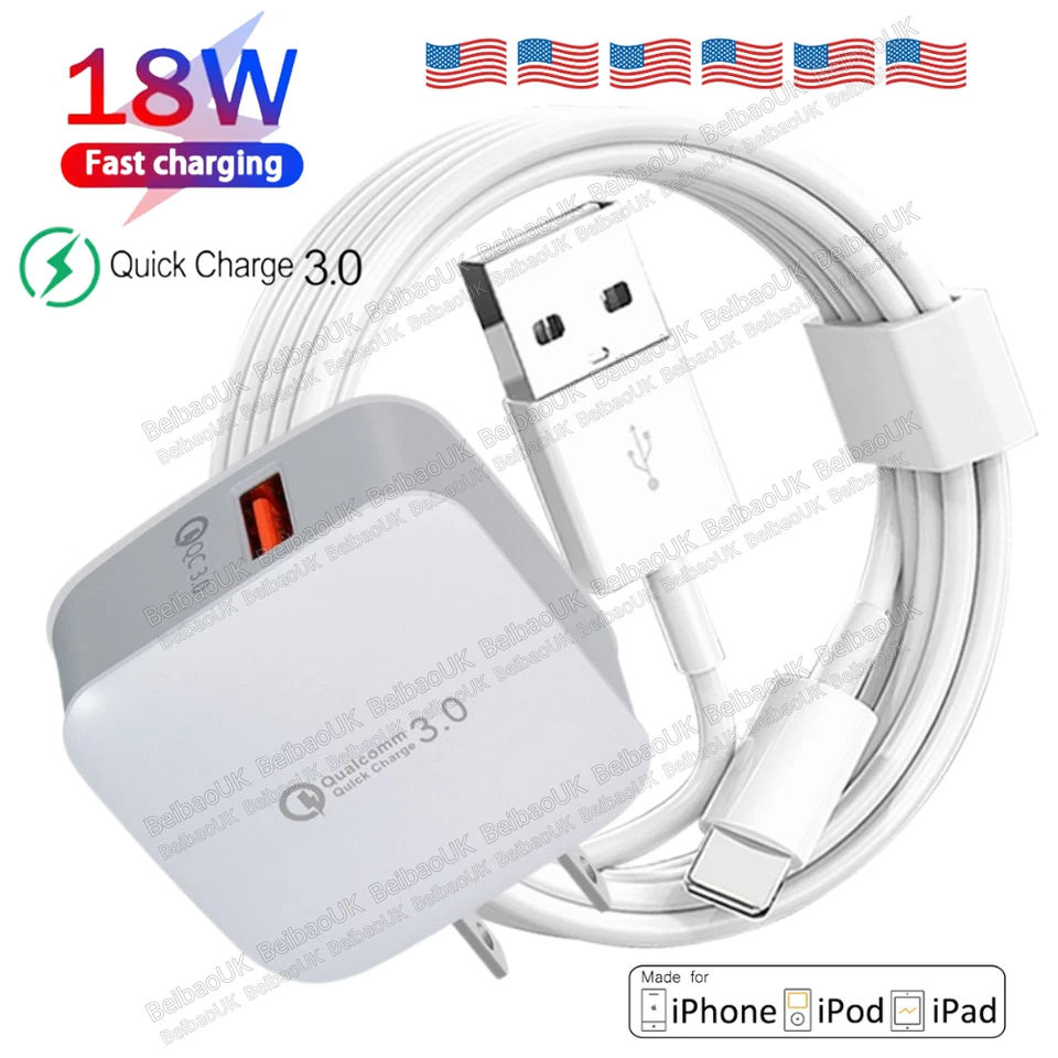 USB Fast Charging 3/6Ft Charger Cable & QC3.0 Quick Wall Charger For iPhone 14 8 - Image 1 of 4