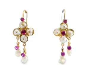 Gold Earrings with Pearl & Simulated Ruby - Picture 1 of 7