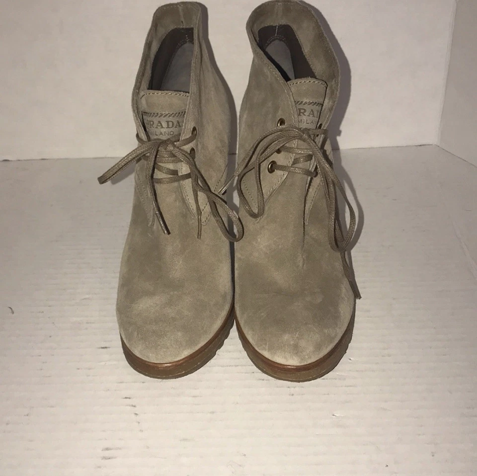 PRADA Linea Rossa Beige Suede Lace Up Ankle Boots, Size 37.5 - Image 1 of 4