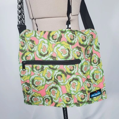 Kavu Medium Crossbody Bag Green Pink Floral Abstract Cotton Outdoors Rope Strap - Image 1 of 4