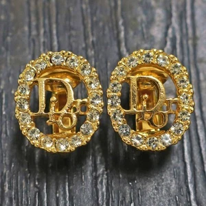 Christian Dior Gold Plated Logo Oval Rhinestone Clip Earrings #931c Rise-on - Picture 1 of 4