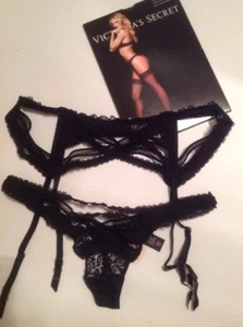 Bas string jarretière noir résille crochet Victoria's Secret neuf avec étiquette ensemble XS/S,M - Photo 1/10