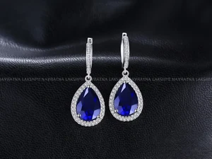 Pear Cut Simulated Blue Sapphire Huggie Back Halo Drop Earrings For Her s925 - Picture 1 of 4