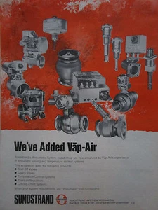 10/1975 PUB SUNDSTRAND AVIATION PNEUMATIC SYSTEM VALVE VAP-AIR ORIGINAL AD - Imagen 1 de 1