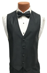 Men's Black Jean Yves Diamond Tuxedo Vest & Tie Fullback Prom Wedding Groom 
