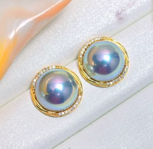 SeaShell MABE Pearl Gray 17mm Stud Earrings 14k Yellow Gold Plated Sliver - Picture 1 of 3