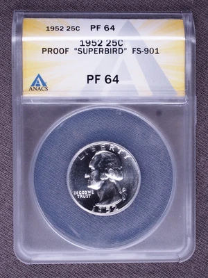 1952 Proof Superbird Washington quarter Dollar FS-901  ANACS PF64 - Image 1 of 3