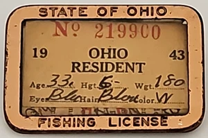 1943 State of Ohio Resident Fishing License Pin-Back Metal Frame Badge - Bild 1 von 7