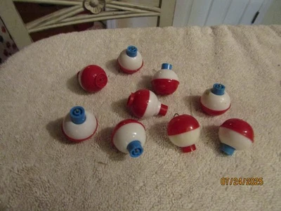 Vintage Plastic 1" Round Fishing Line Bobber Set of 9 USA Signed 1960s - Image 1 of 3