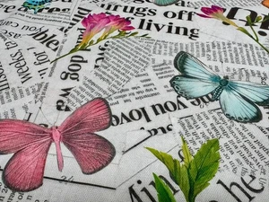 Butterfly & Newspaper Digital Print Fabric Home Decor Curtain Cushion 140cm Wide - Picture 1 of 9