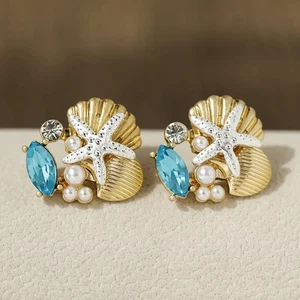 18K Gold Plated Starfish Shell Huggie Earrings With Faux Pearls Crystals - Picture 1 of 5