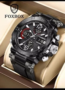 Mens Watch Digital Analogue Waterproof Quartz Wrist Fashion Heavy Duty LED Black - Picture 1 of 8