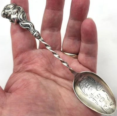 Cuchara de recuerdo de plata esterlina Art Nouveau Lady Fostoria BAKER-MANCHESTER MFG CO Foto 1 de 4