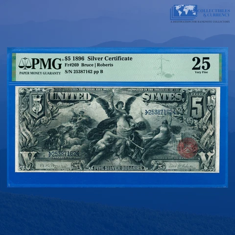 Fr.269 1896 $5 Five Dollars Silver Certificate "EDUCATIONAL NOTE", PMG 25 #87162 Cover