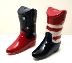Patriotic Cowboy Boots Red White Blue Mini Salt & Pepper Shakers Cracker Barrel - Picture 1 of 4