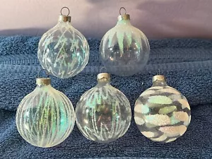 Christmas ornaments clear glass set of 5 pinkish glitter designs PO8296 - Picture 1 of 8