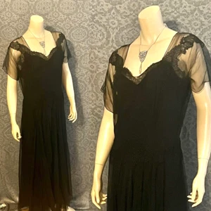 Exuberante vestido de noche negro tinta años 1930, 1940, falda completa, Bullock's Wilshire, M - L - Imagen 1 de 8