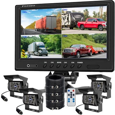 9" Quad Split Monitor 4PIN Backup Camera for Truck Bus Caravan Rear view Reverse - Image 1 of 4