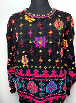 复古休闲转角手工针织毛衣棉混纺 L 码刺绣串珠 — 第 1/4 张图片