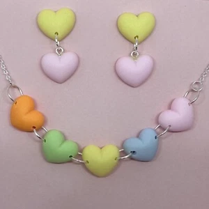 1 x set ( Necklace and earrings ) pastel cute heart jewellery. Handmade pink yel - Picture 1 of 15