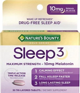 Melatonin by Nature's Bounty, Sleep3 Maximum Strength 100% Drug Free Sleep Aid, - Picture 1 of 6