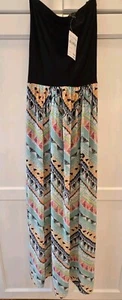 NEW FELICITY & COCO Strapless Maxi Dress Size S Black Top Multicolor Skirt NWT - Picture 1 of 9