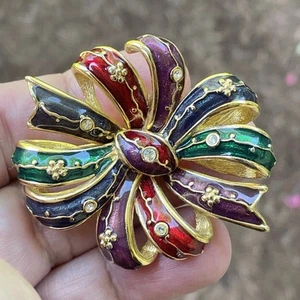 Joan Rivers Gold Tone Multi Color Enamel Rhinestone Ribbon Bow Brooch Signed - Picture 1 of 4