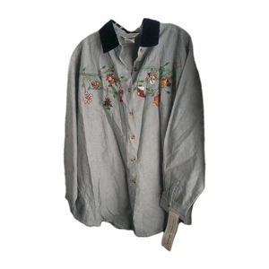 Camicia Victoria Jones Natale Ricamata con Bottoni Donna 20W Blu Lg Slv Nuova con etichette - Foto 1 di 15