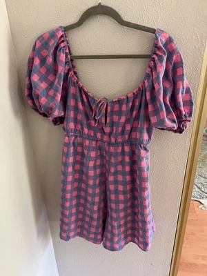 Romper Feminino Day + Moon Manga Curta Decote Redondo - Xadrez Azul e Rosa - M - Imagem 1 de 4