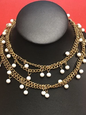 COLLAR CADENA VINTAGE NAPIER FIRMADO VIDRIO LECHE CUENTAS TONO DORADO MUY LARGO 59" Foto 1 de 4