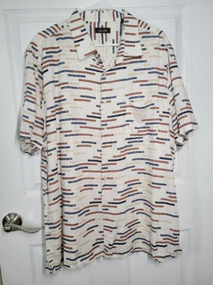 Tasso Elba Shirt Mens XXL Silk Blend Camp Cream Striped Short Sleeve Beach - Image 1 of 4