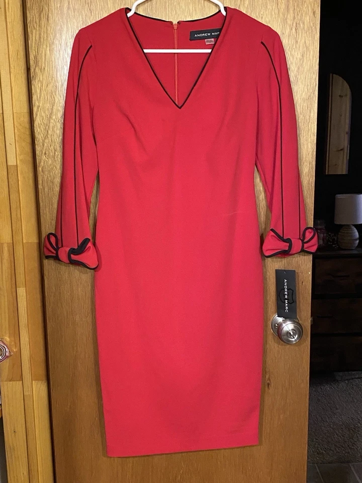 Vestido para mujer Andrew Marc rojo y negro cuello en V y codo doblado poliéster. Talla 12. Foto 1 de 1