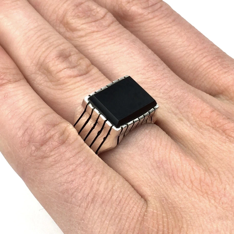 Anillo de plata 925 ónix negro anillo de sello clásico joyería anillo de band... - Imagen 1 de 4
