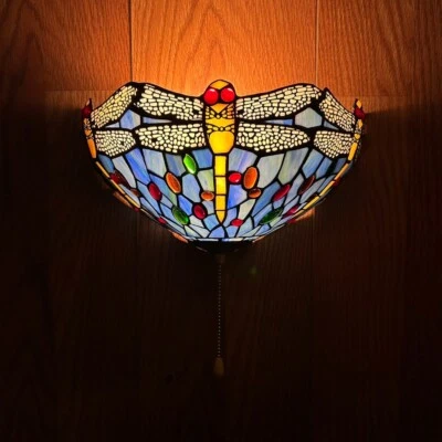 ENJOY DECOR LAMPS Tiffany Style Sconce Lamp Blue Stained Glass Dragonfly LED Bulb Include 7"H*12"W