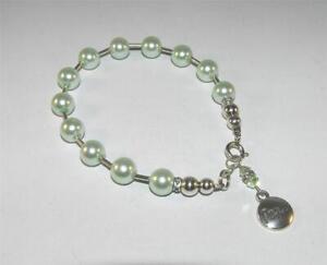 Pale Green Pearl Crystal Peace Charm Bracelet 925 Sterling Silver 7 Inches