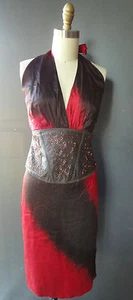WOW! *NIKKA NY* 2 XS Abito in pelle con corsetto e perline di seta rosso nero body con - Foto 1 di 6