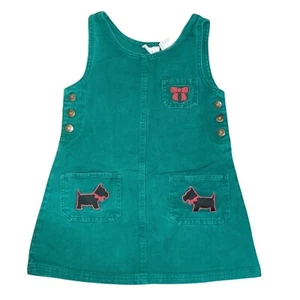 In Design 6 Girls Green Cotton Denim Jumper Dress Scotty Dog Bow Pockets Vintage - Picture 1 of 9