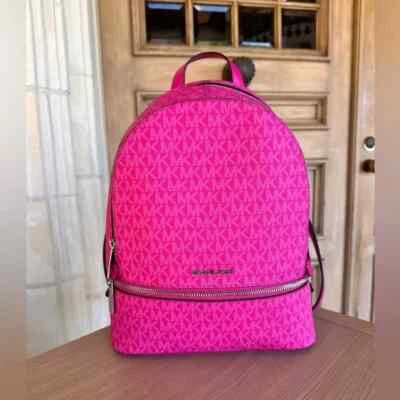 Michael Kors Rhea Medium Signature Logo Backpack MK Dragonfruit Pink NWT - Image 1 of 4