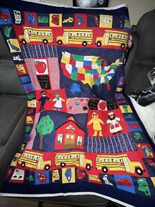 Vintage School Bus Map Careers Quilt Fabric Traditions 10 PANELS Crafts HUGE!!