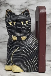 Cat Bookend. Single Book End. Wooden. Hand Made. Handpainted. Striped. Cute. - Picture 1 of 8