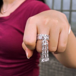 Versilberte lange Quaste Charms CZ Ehering Ring für Frauen Cocktail Party - Bild 1 von 13