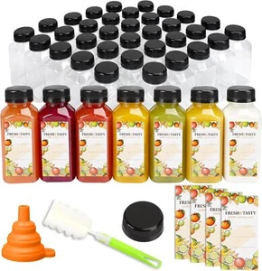 48pcs 8oz Plastic Juice Bottles with Black Caps Reusable &Label & Funnel & Brush - Picture 1 of 6