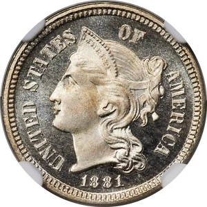 1881 - 3 Cent Nickel - NGC PF67+ Ultra Cameo - ONLY ONE FINER! TRENDS 12,500.00 - Picture 1 of 4