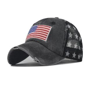 Black American Flag Star Trucker Cap-Washed Distressed USA Embroidery-Adjustable - Picture 1 of 3